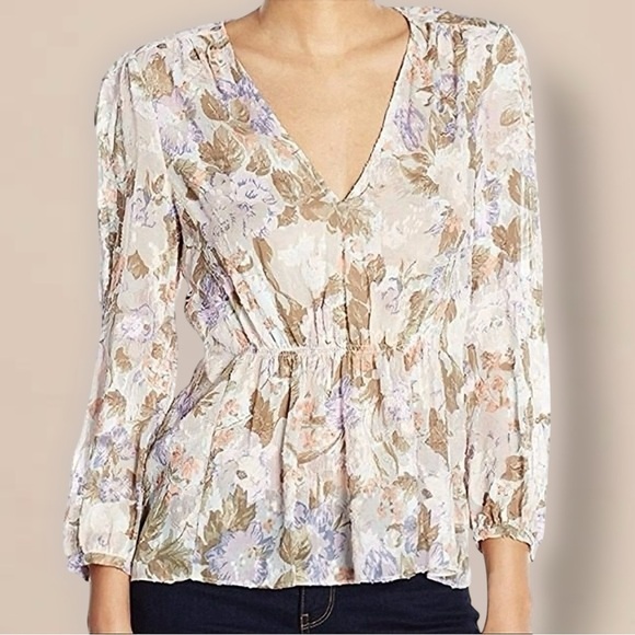 Rebecca Taylor ‘Penelope’ Purple Floral Print Top with Gathered Waist Size 4 - Picture 2 of 16